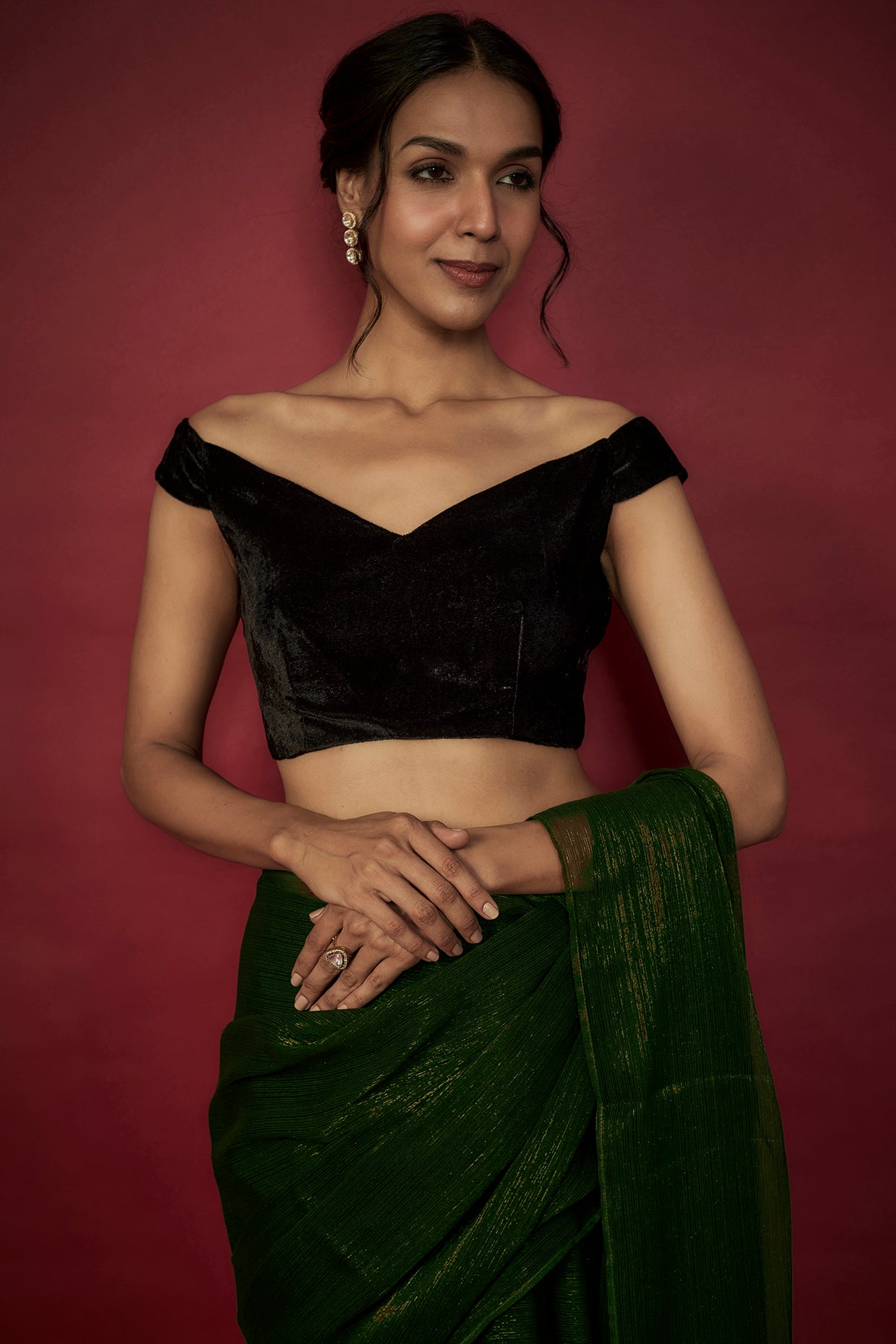 Emerald Green Chiffon Zari Embroidered Saree Set