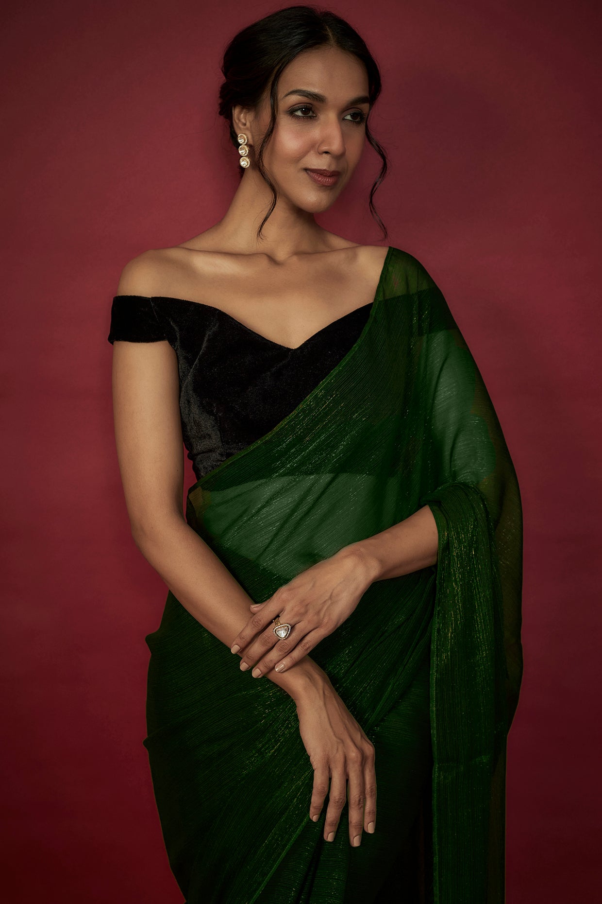Emerald Green Chiffon Zari Embroidered Saree Set
