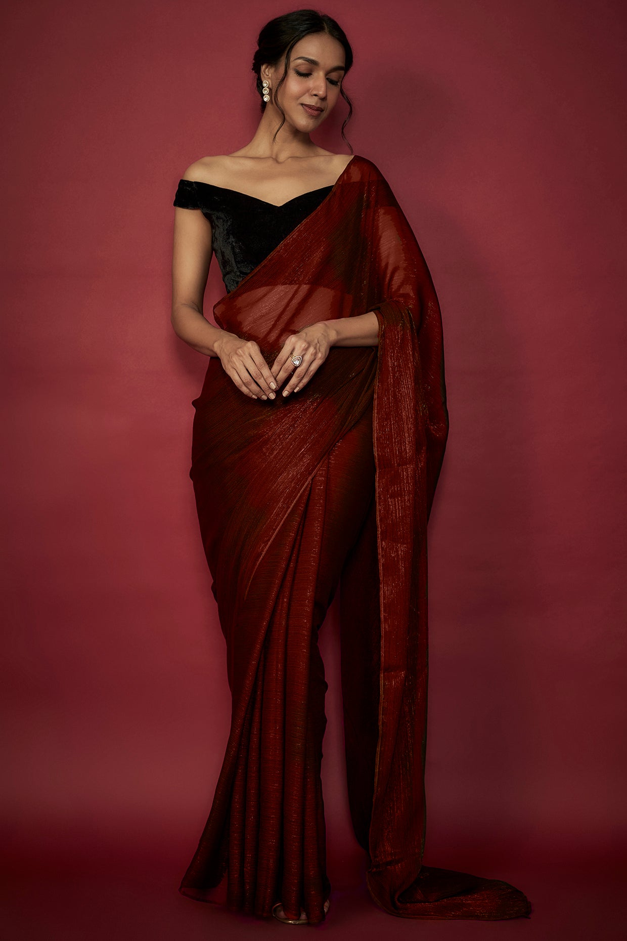 Maroon Chiffon Zari Embroidered Saree Set