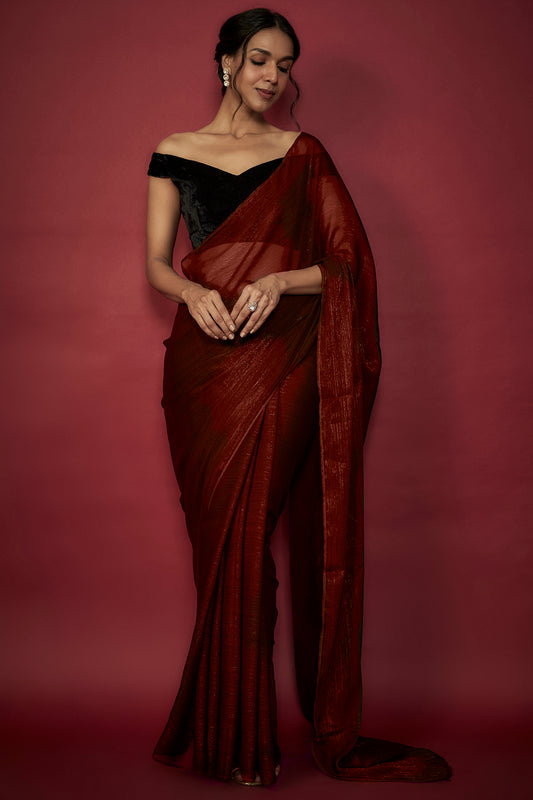 Maroon Chiffon Zari Embroidered Saree Set