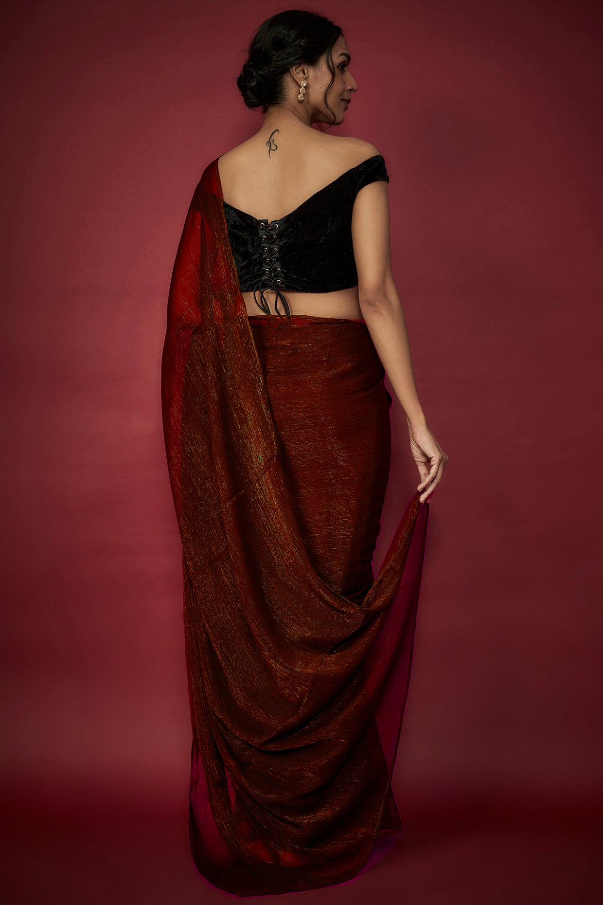 Maroon Chiffon Zari Embroidered Saree Set