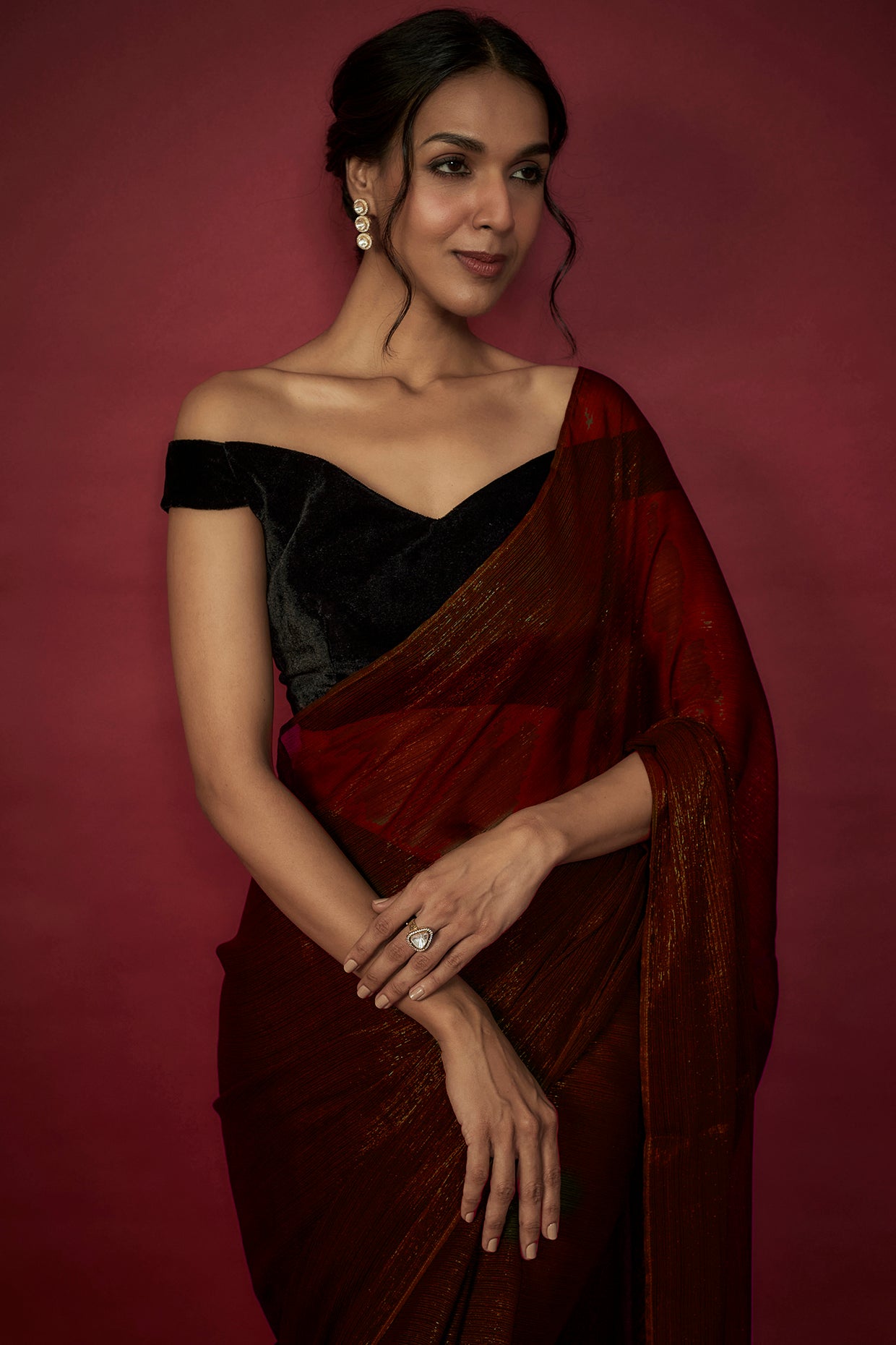 Maroon Chiffon Zari Embroidered Saree Set