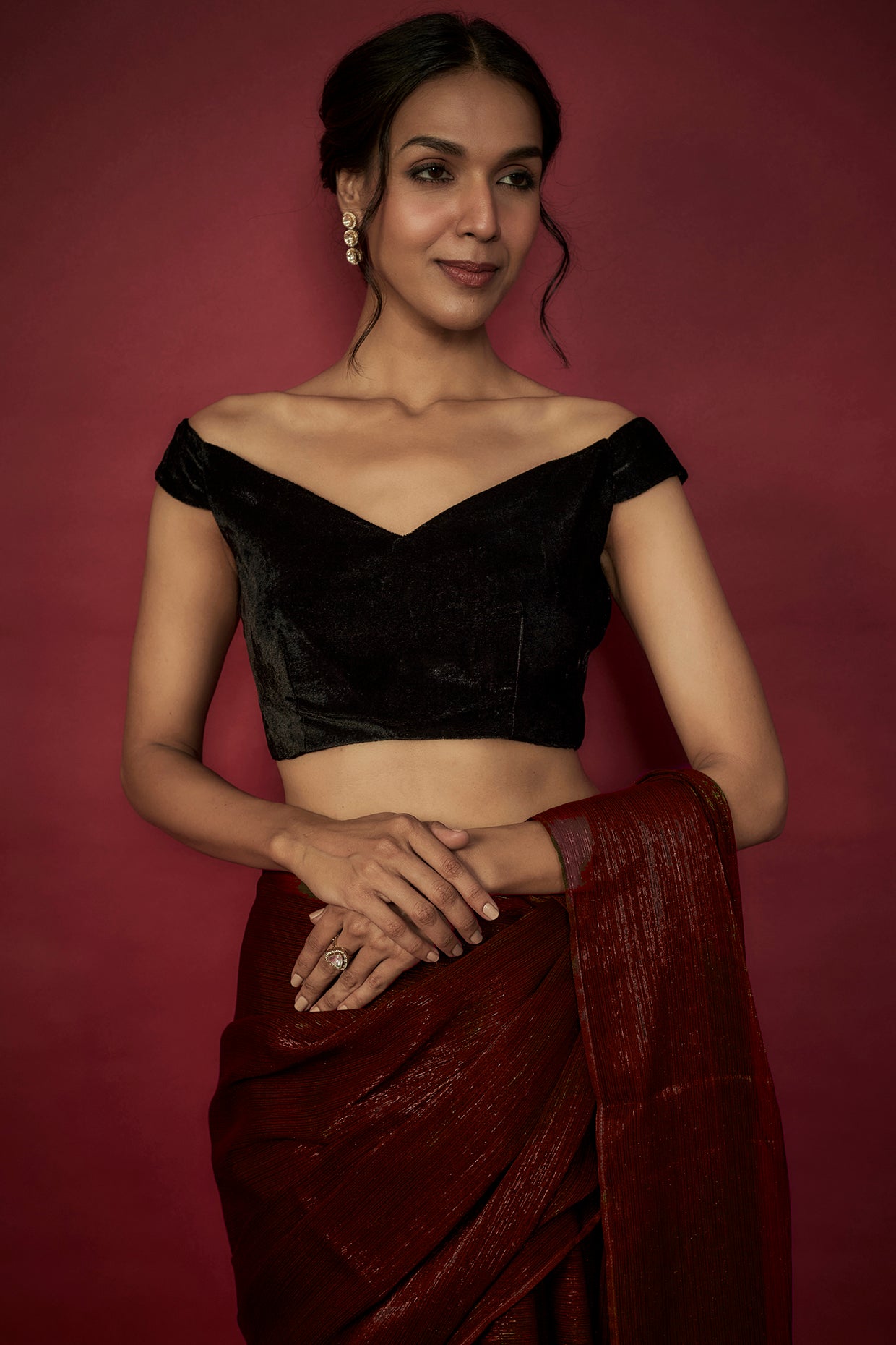 Maroon Chiffon Zari Embroidered Saree Set