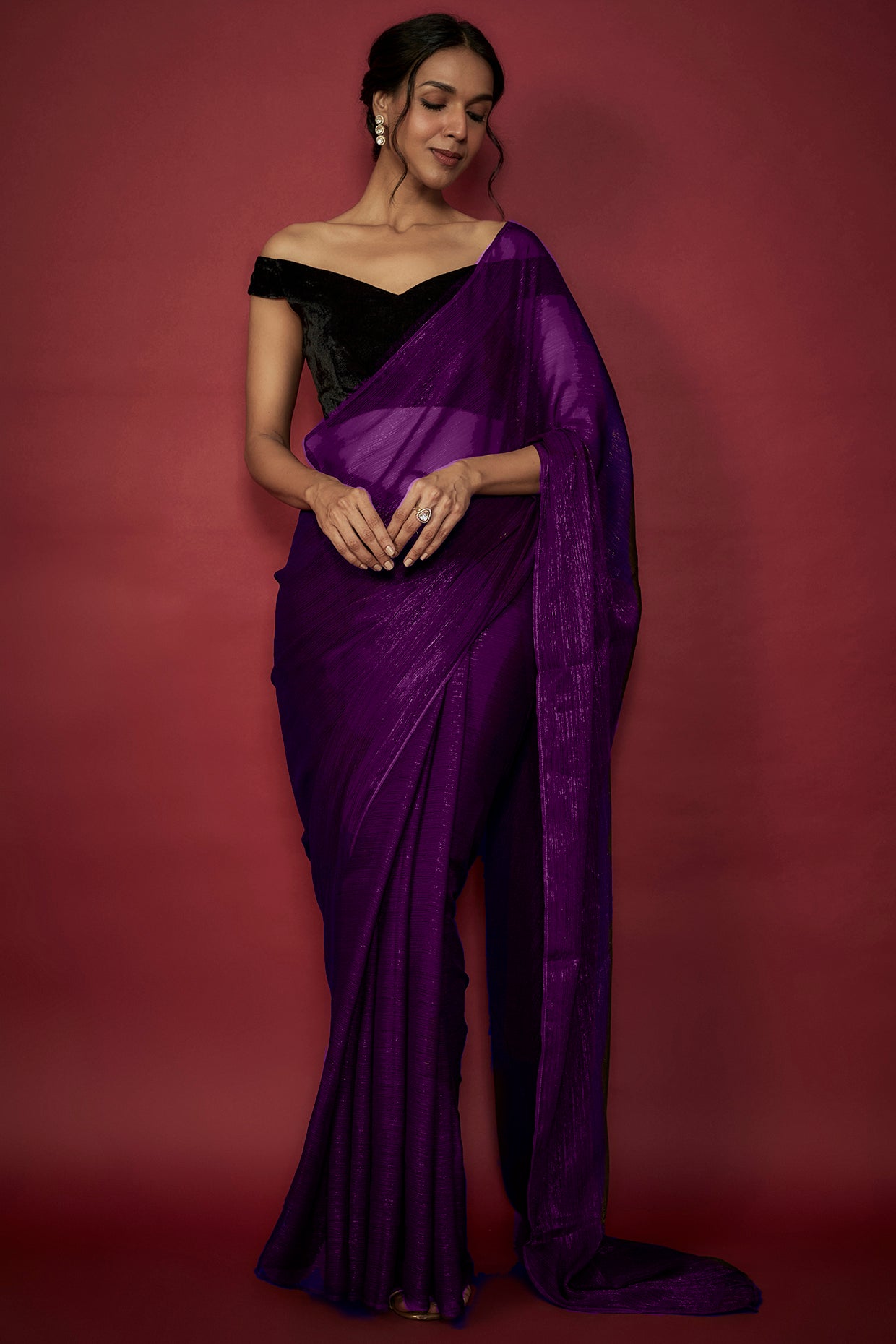 Purple Chiffon Zari Embroidered Saree Set