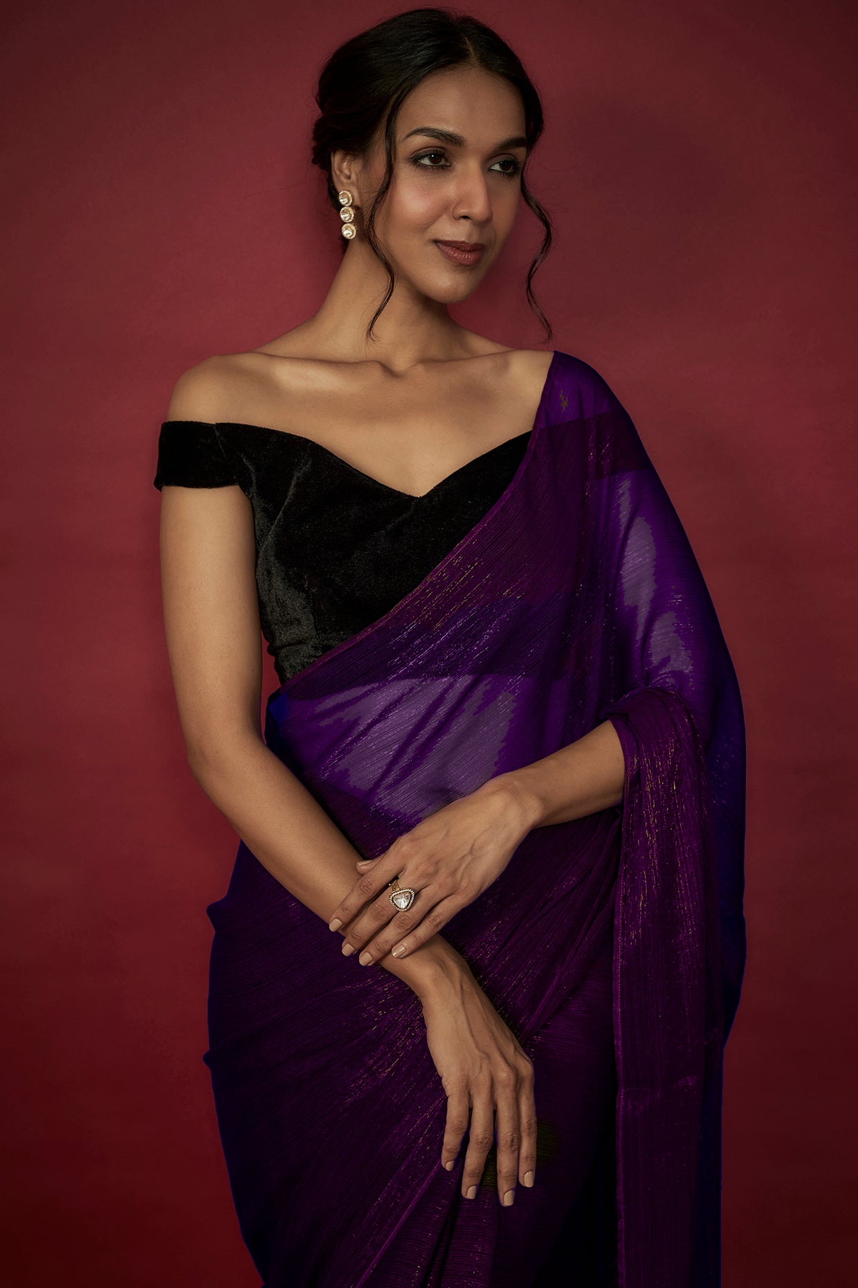 Purple Chiffon Zari Embroidered Saree Set