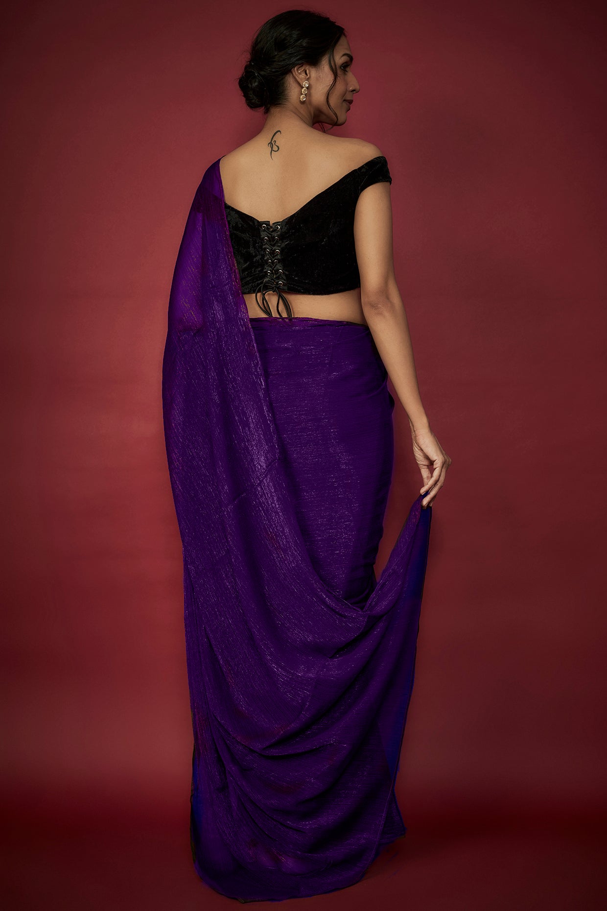 Purple Chiffon Zari Embroidered Saree Set