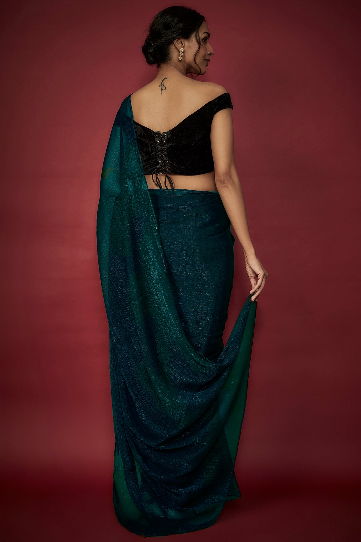 Teal Chiffon Zari Embroidered Saree Set